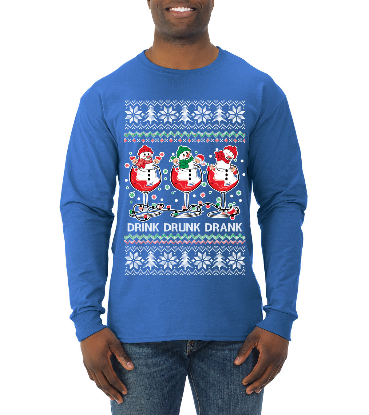 Holiday Spirits Drink Drank Drunk Snowmen Ugly Christmas Sweater Mens Long Sleeve Shirt