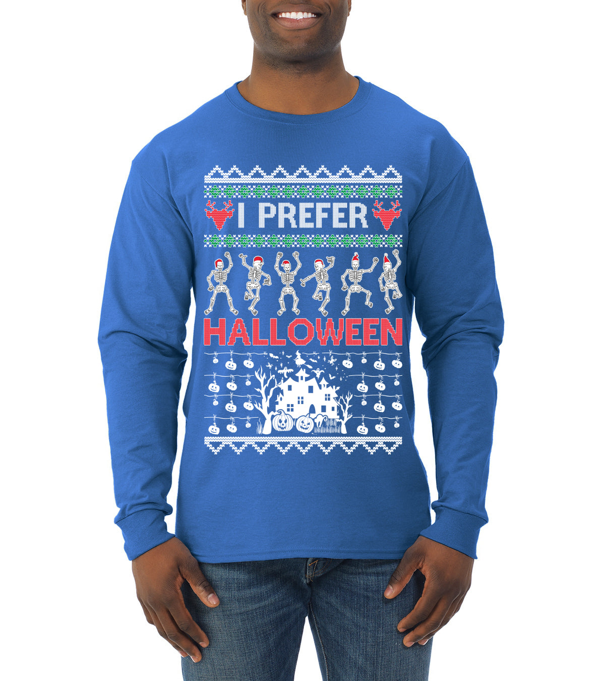 I Prefer Halloween Dancing Skeletons Ugly Christmas Sweater Mens Long Sleeve Shirt