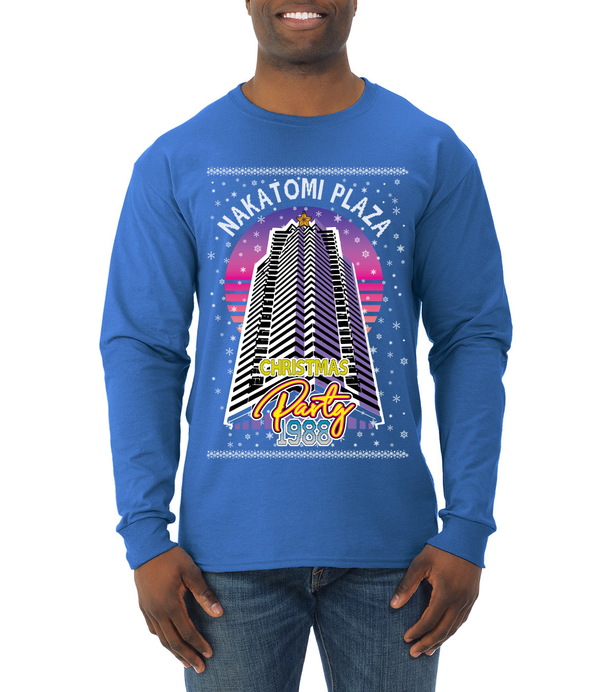 Retro Nakatomi Plaza 1988 Holiday Party Ugly Christmas Sweater Mens Long Sleeve Shirt