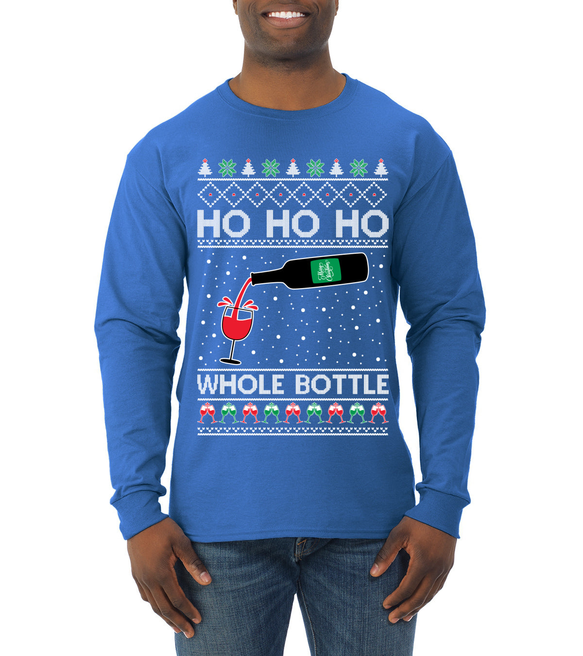 Ho Ho Ho Whole Bottle Wine Spirits Ugly Christmas Sweater Mens Long Sleeve Shirt