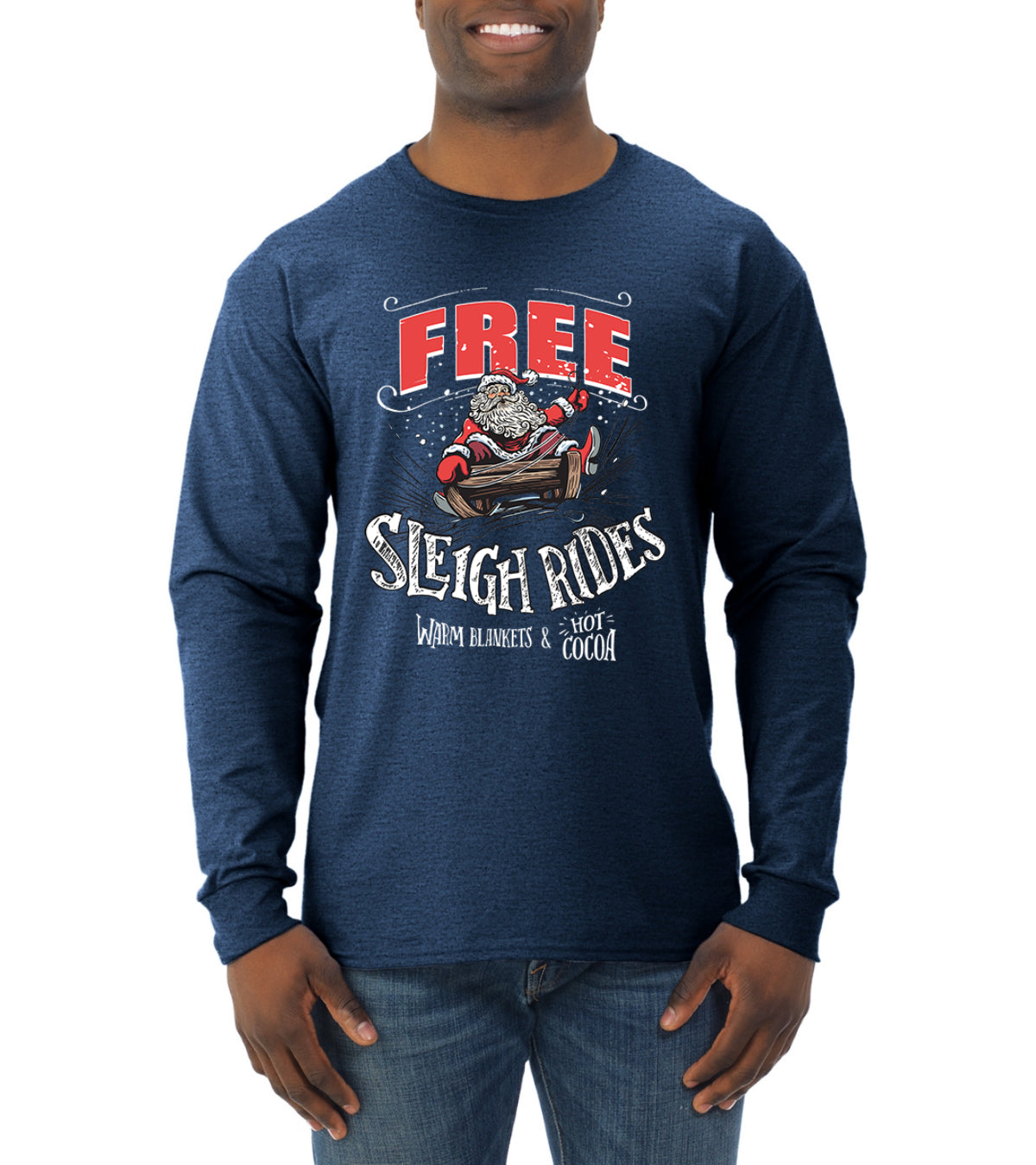 Free Sleigh Rides Warm Blankets & Hot Cocoa Christmas Mens Long Sleeve Shirt