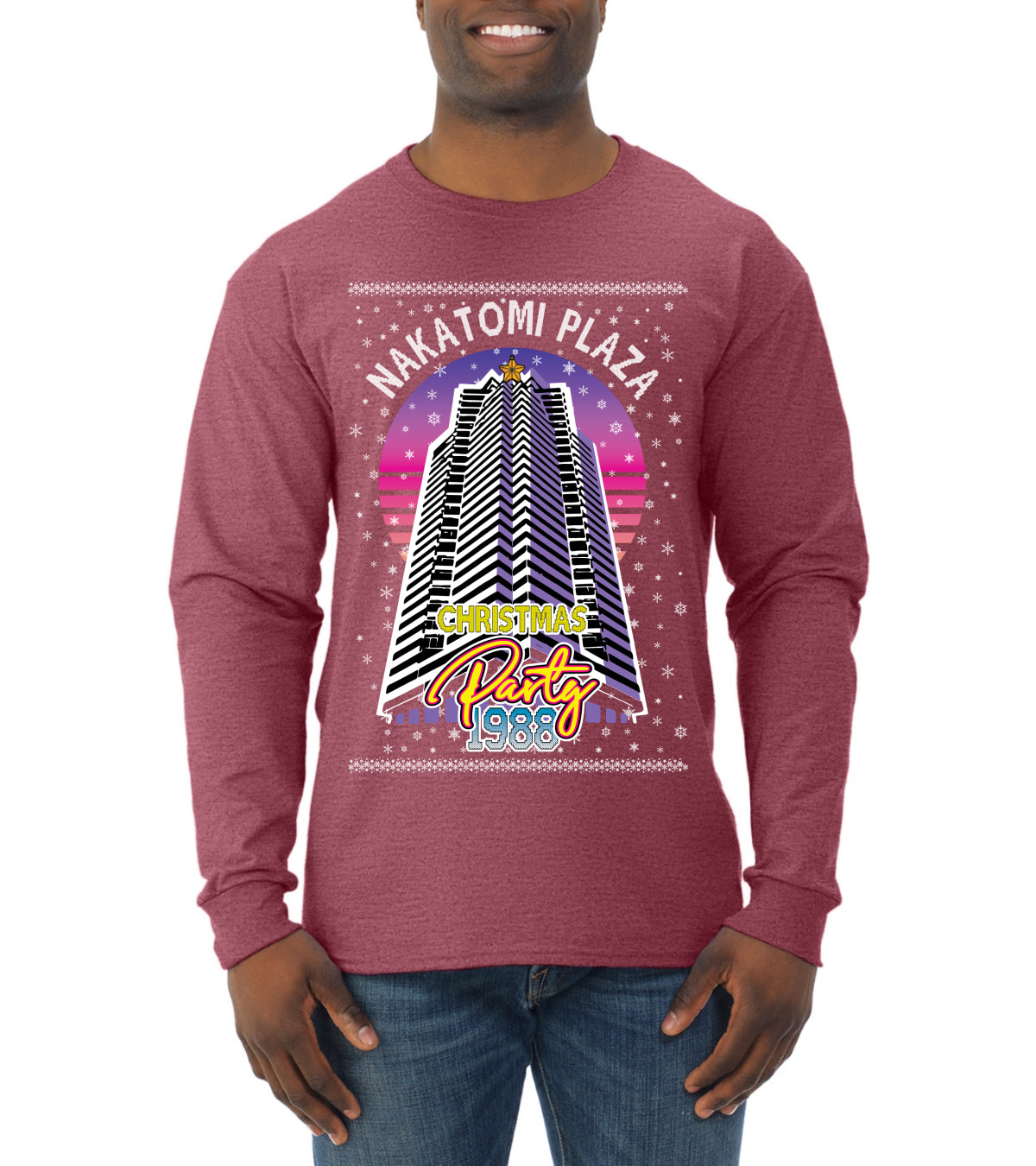 Retro Nakatomi Plaza 1988 Holiday Party Ugly Christmas Sweater Mens Long Sleeve Shirt