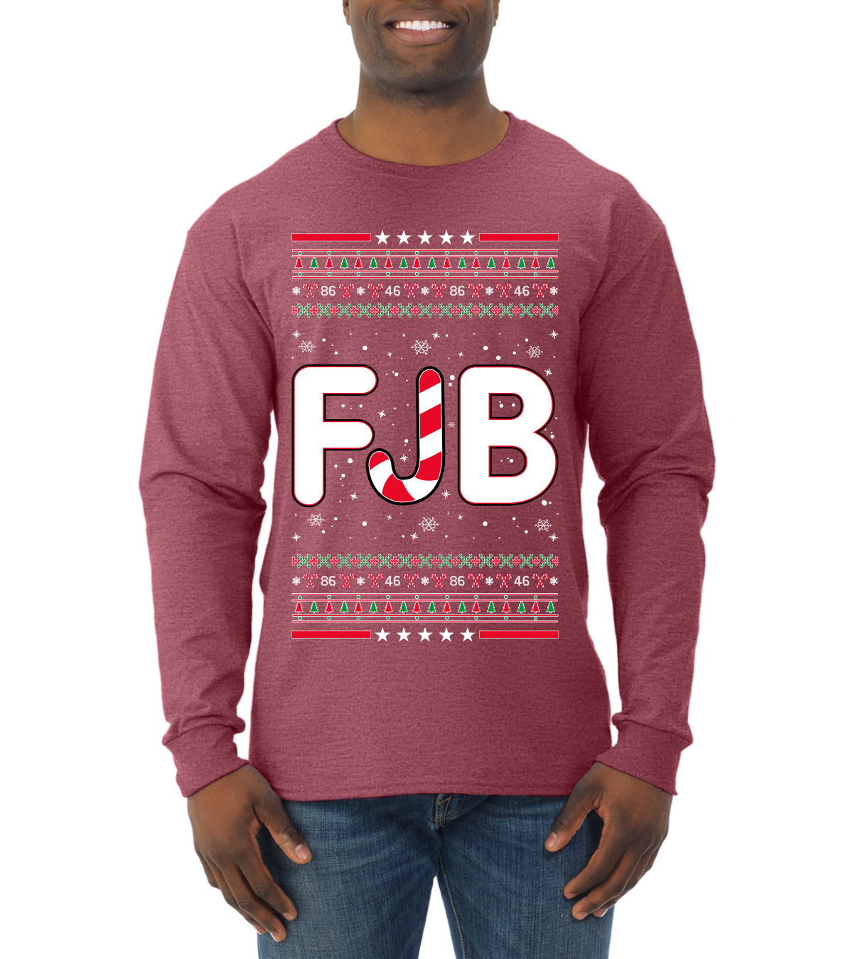 FJB Let's Go Brandon Chant Candy Cane Ugly Christmas Sweater Mens Long Sleeve Shirt
