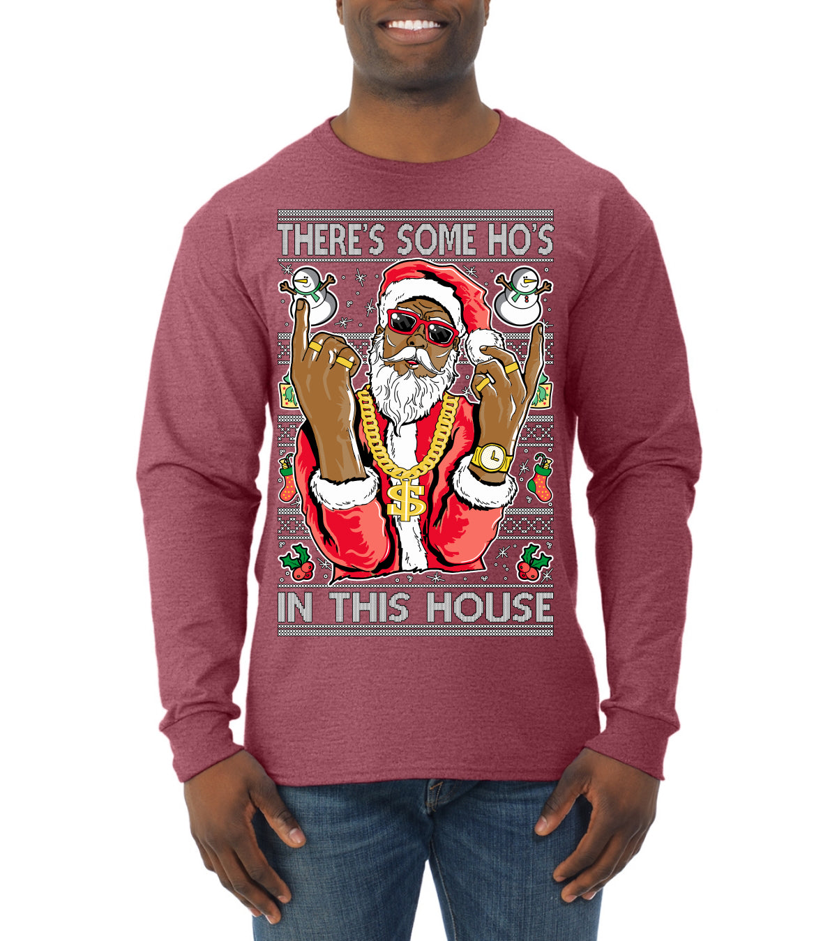 Black Santa Claus Gangster Bling Ho's In This House Ugly Christmas Sweater Mens Long Sleeve Shirt