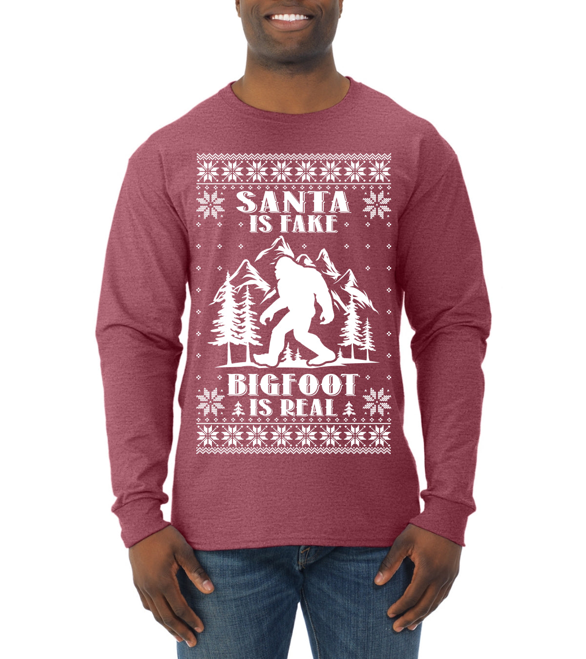 Santa Is Fake Bigfoot Is Real Ugly Christmas Sweater Mens Long Sleeve Shirt