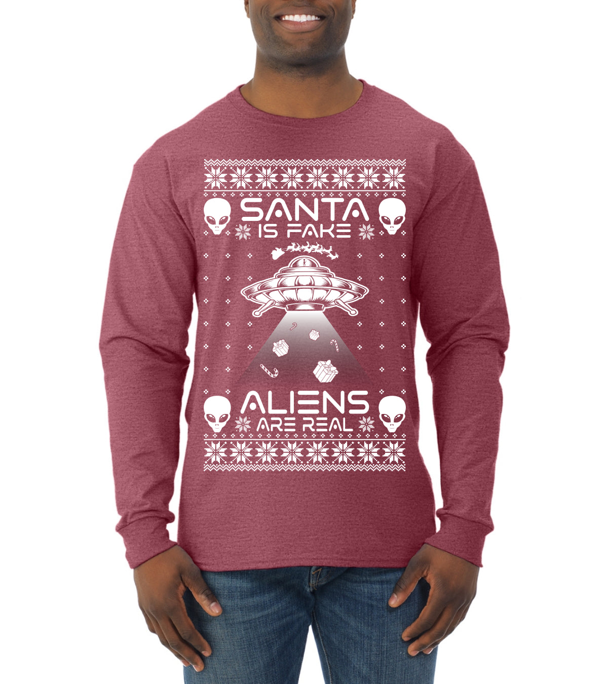 Santa Is Fake Aliens Are Real Ugly Christmas Sweater Mens Long Sleeve Shirt