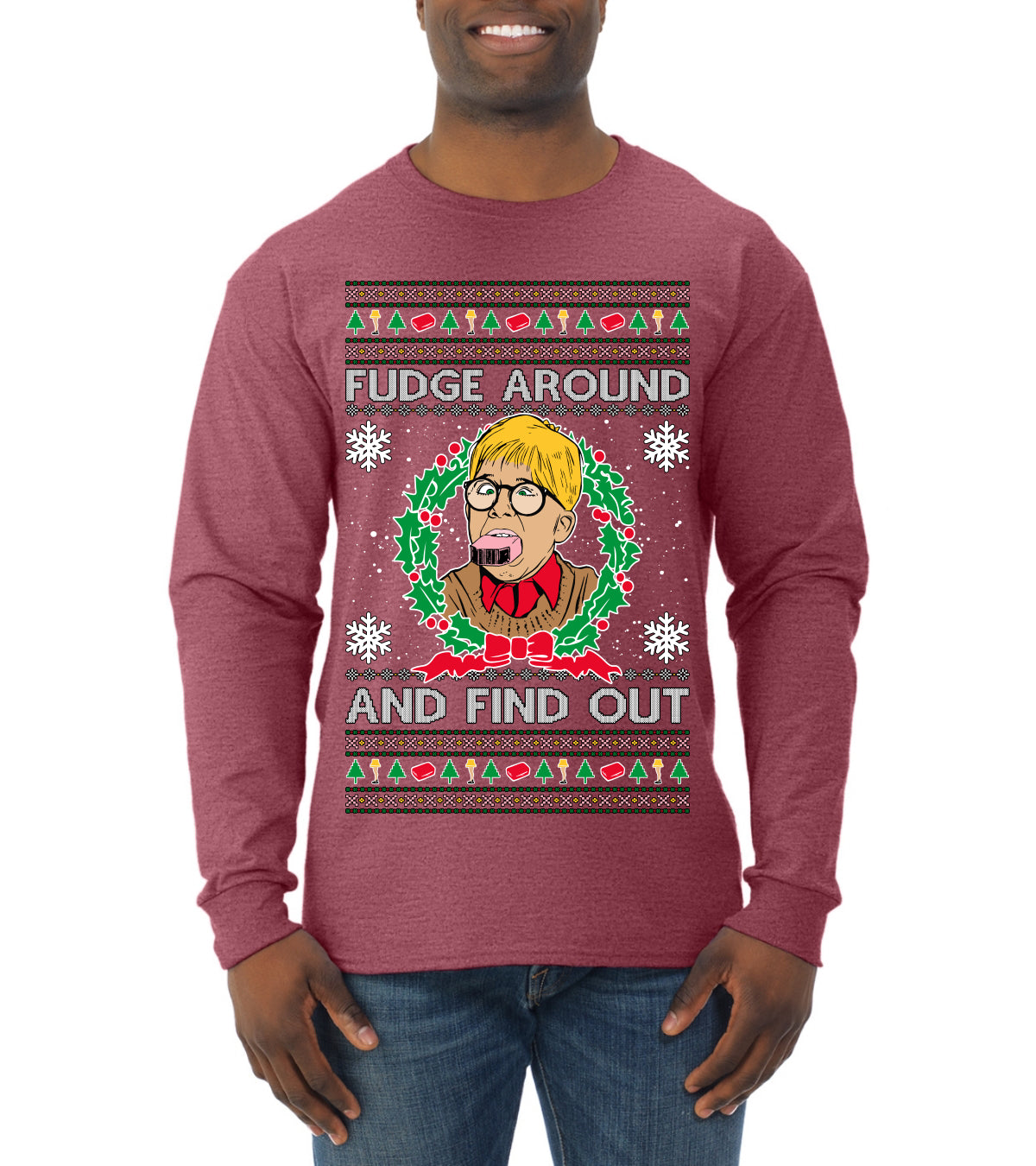 Fudge Around And Find Out Story Ugly Christmas Sweater Mens Long Sleeve Shirt