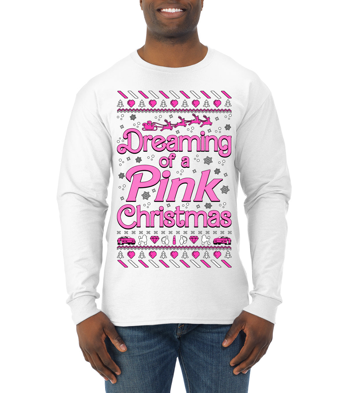 Dreaming Of A Pink Chirstmas Girly Woman Movie Party Ugly Christmas Sweater Mens Long Sleeve Shirt