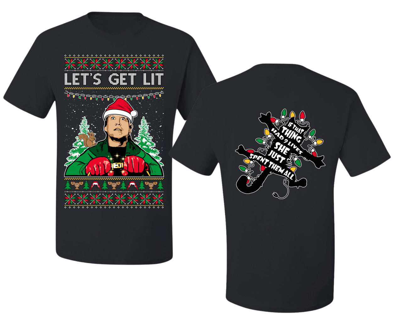 Let's Get Lit Clark Vacation Movie Parody Ugly Christmas Front and Back Sweater Men's T-Shirt