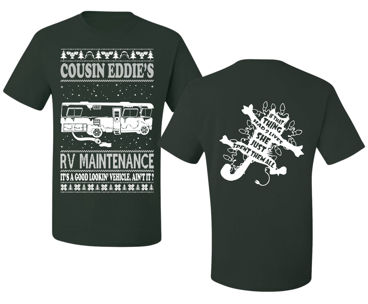 Family Vacation Cousin Eddie's RV Maintenance Ugly Christmas Front and Back Sweater Men's T-Shirt