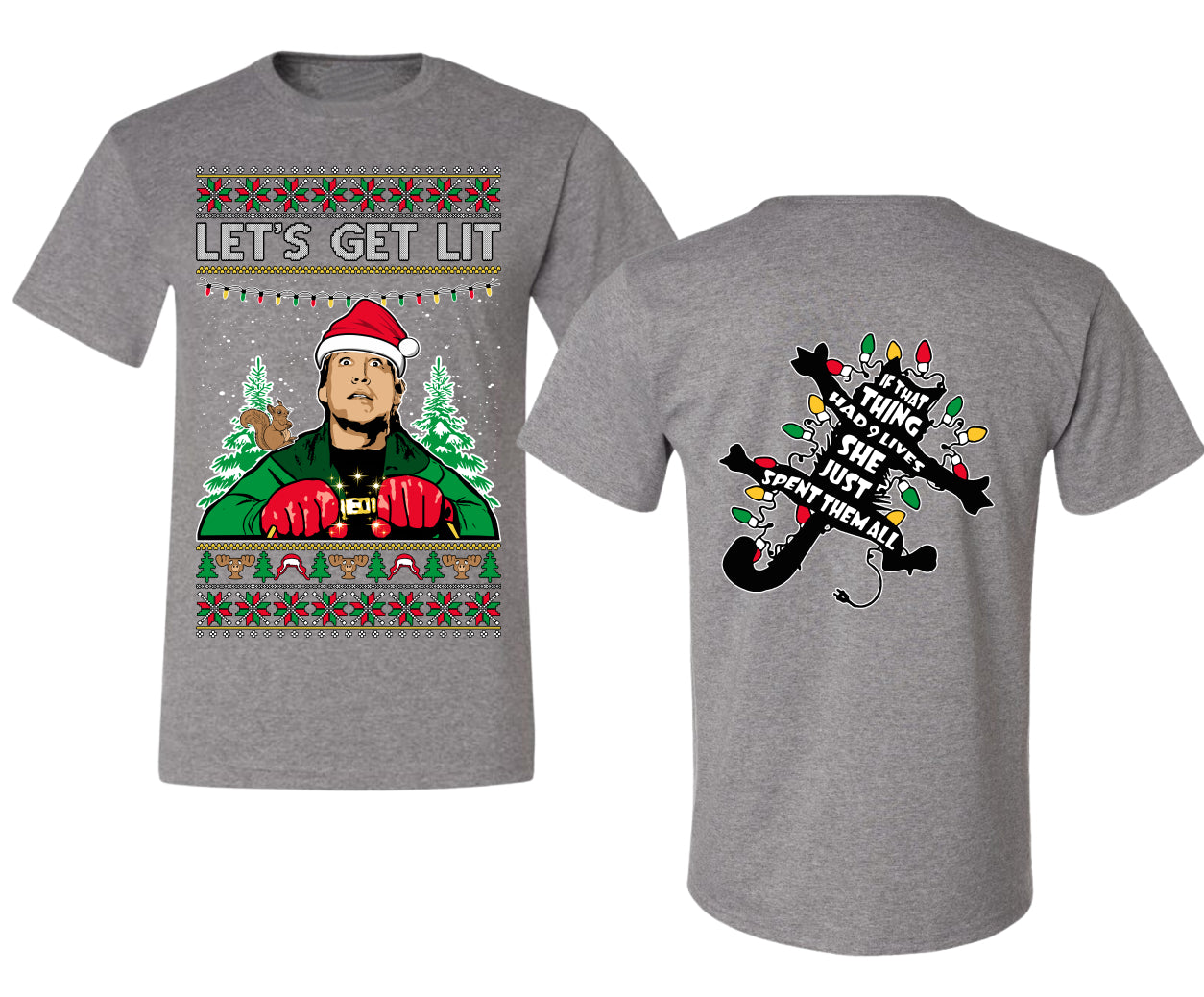 Let's Get Lit Clark Vacation Movie Parody Ugly Christmas Front and Back Sweater Men's T-Shirt
