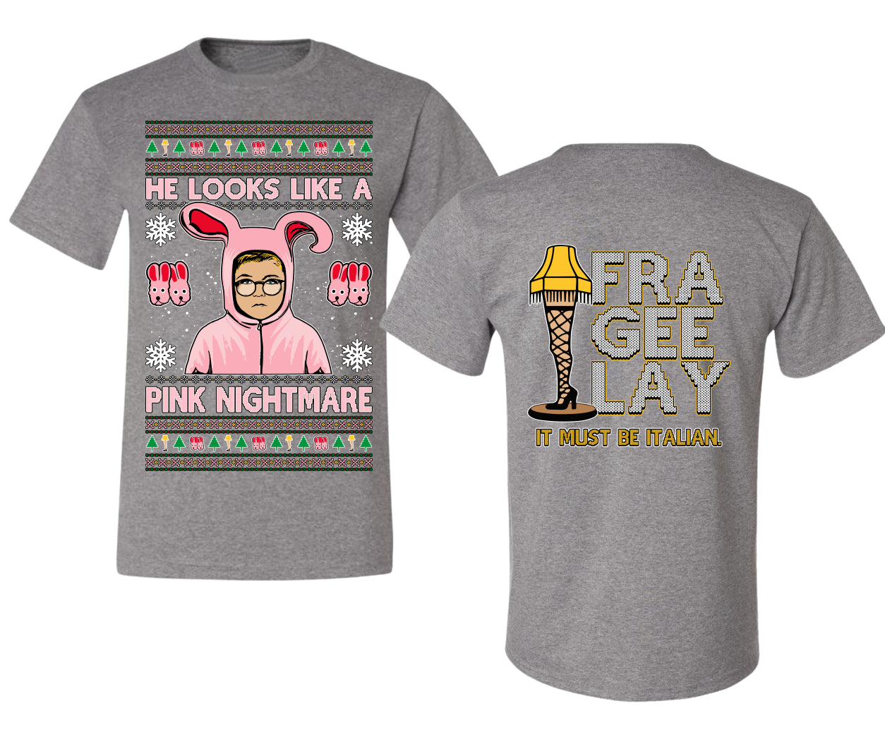 He Looks Like A Pink Nightmare Story Ugly Christmas Front and Back Sweater Men's T-Shirt