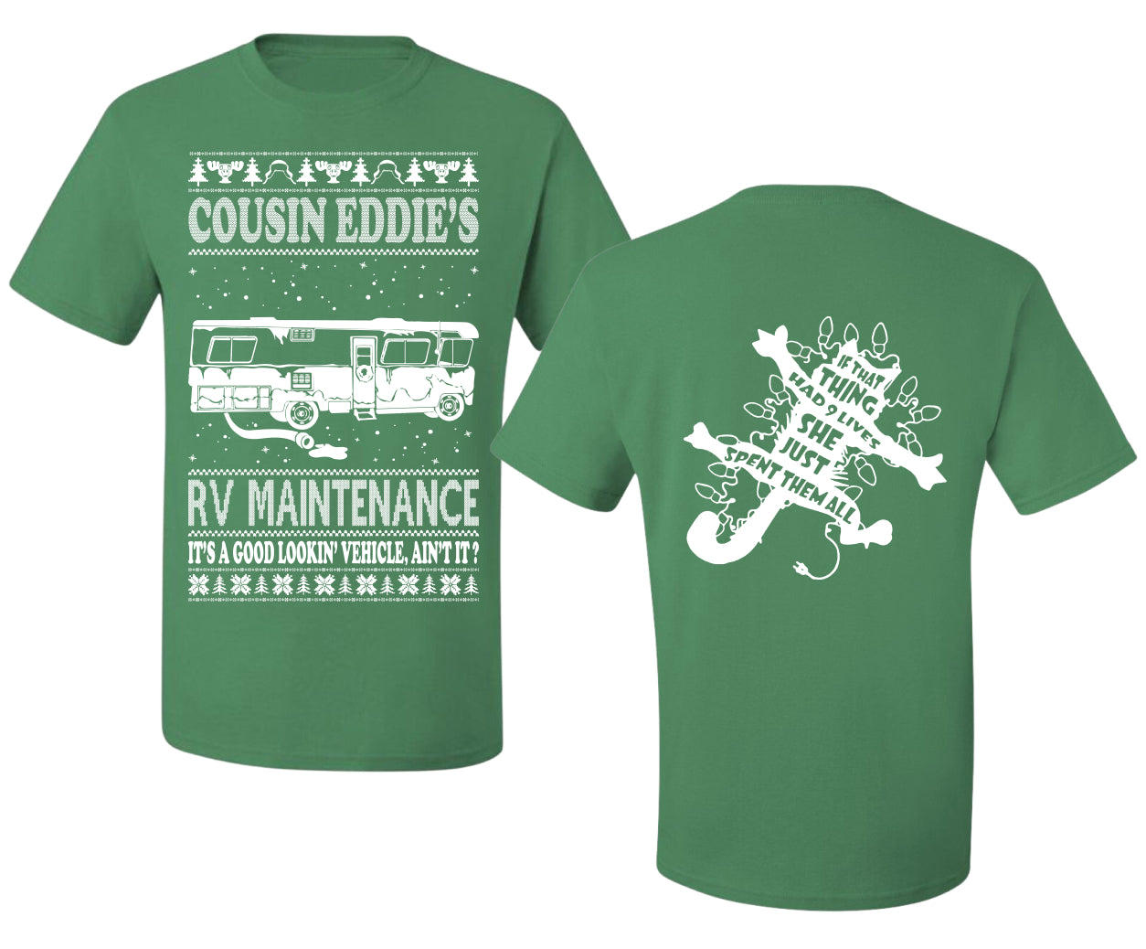 Family Vacation Cousin Eddie's RV Maintenance Ugly Christmas Front and Back Sweater Men's T-Shirt