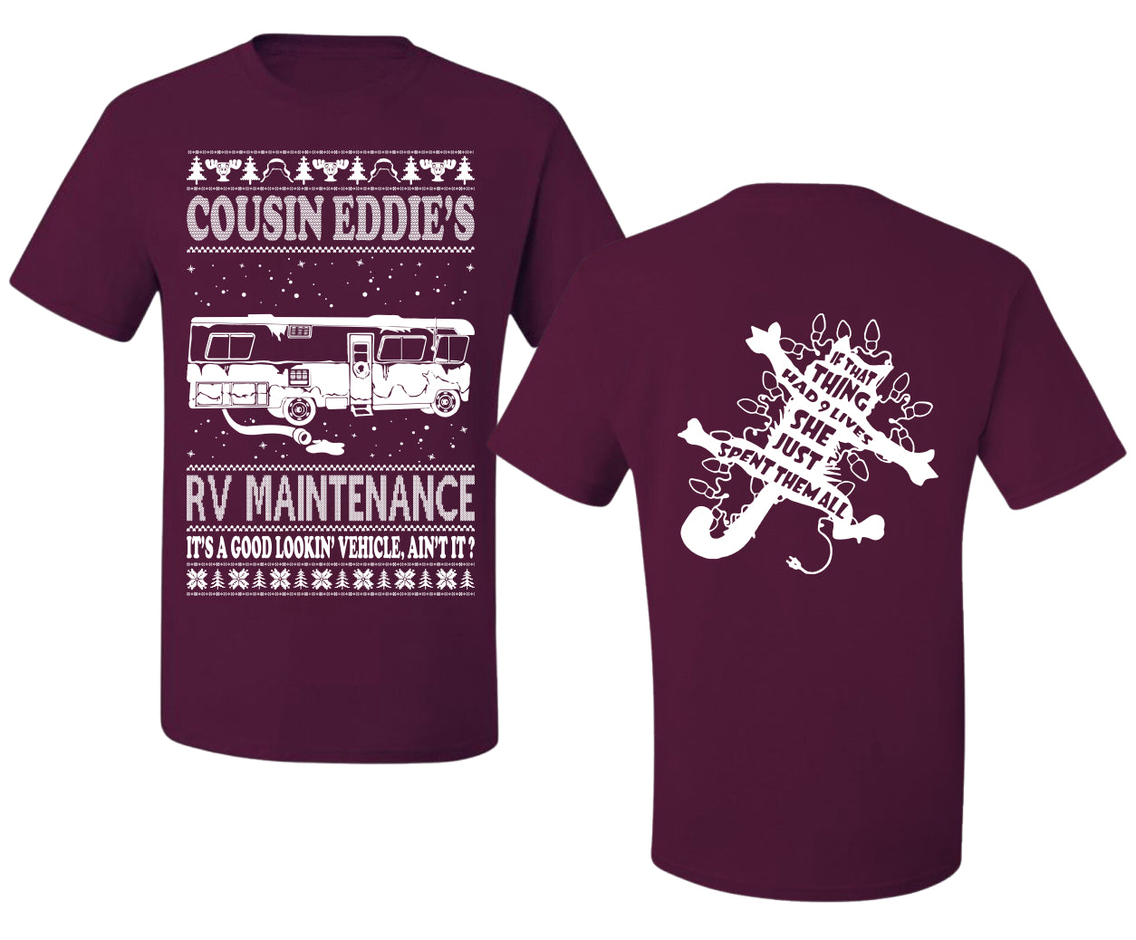 Family Vacation Cousin Eddie's RV Maintenance Ugly Christmas Front and Back Sweater Men's T-Shirt