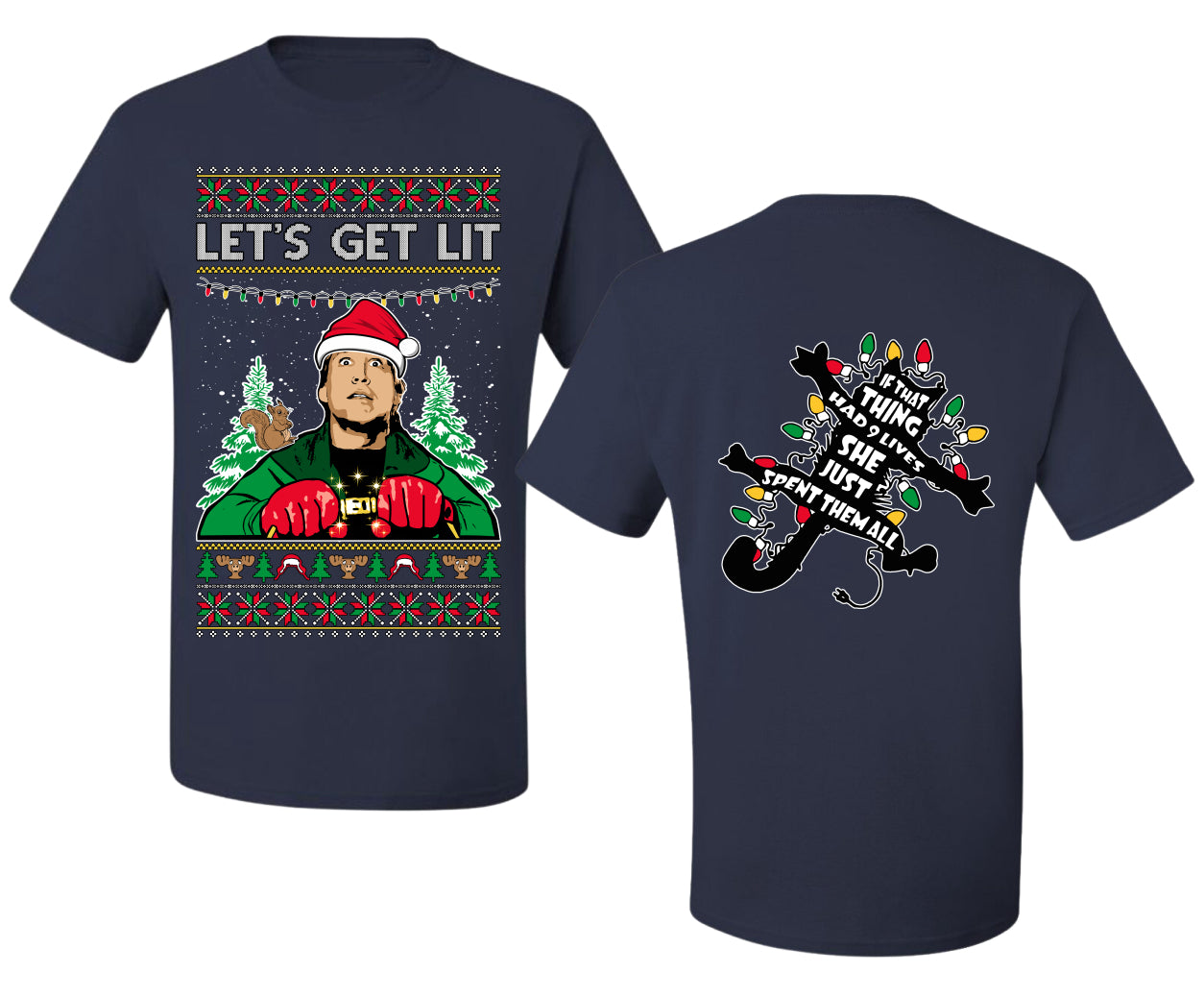 Let's Get Lit Clark Vacation Movie Parody Ugly Christmas Front and Back Sweater Men's T-Shirt
