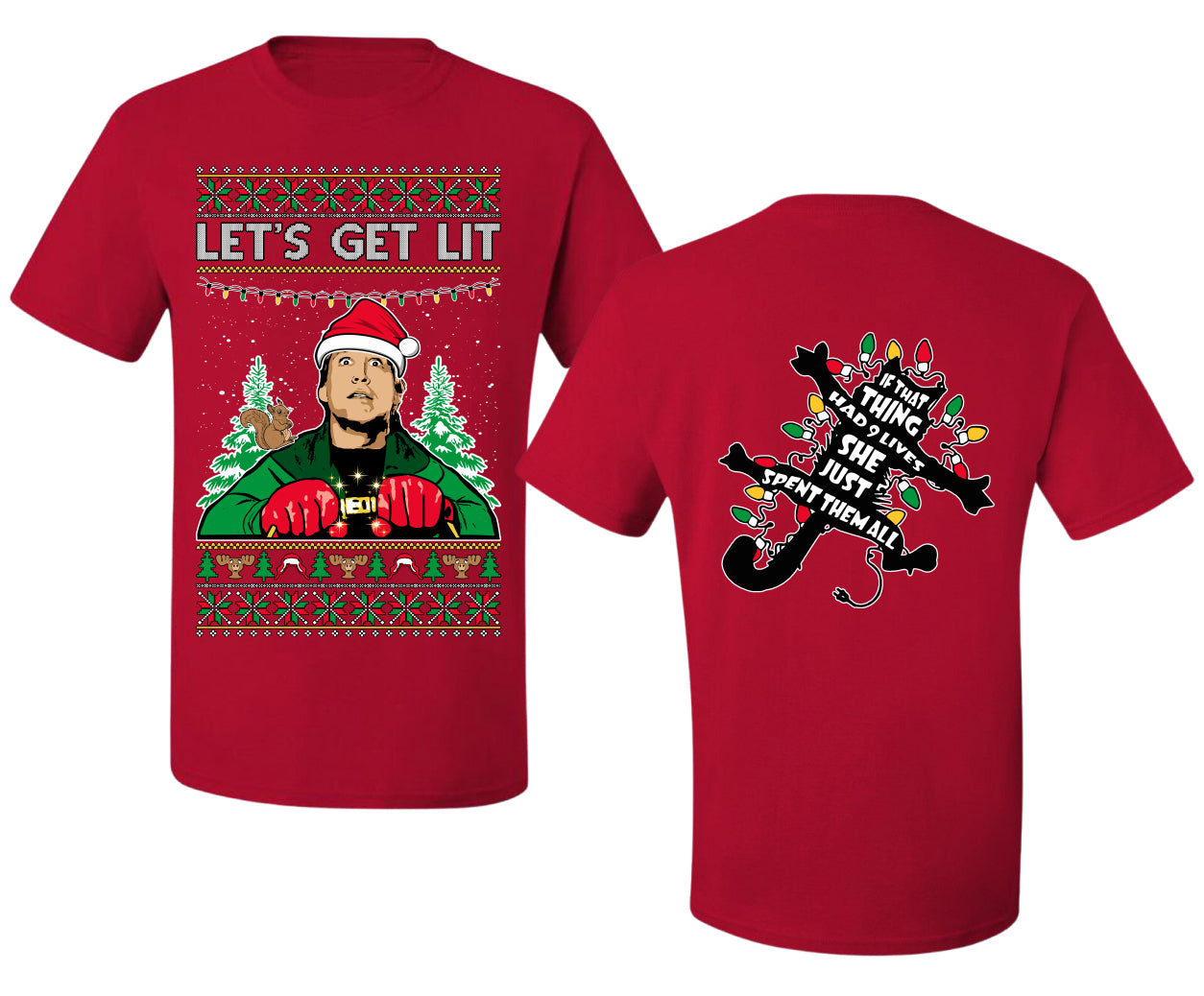 Let's Get Lit Clark Vacation Movie Parody Ugly Christmas Front and Back Sweater Men's T-Shirt