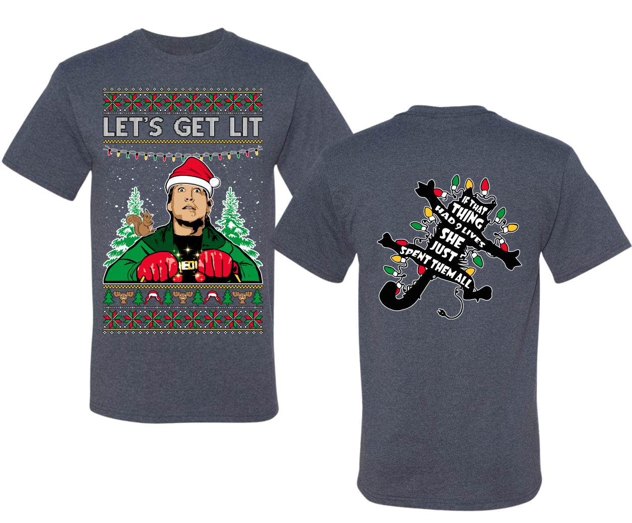 Let's Get Lit Clark Vacation Movie Parody Ugly Christmas Front and Back Sweater Men's T-Shirt