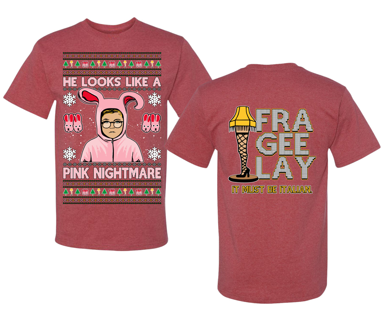 He Looks Like A Pink Nightmare Story Ugly Christmas Front and Back Sweater Men's T-Shirt