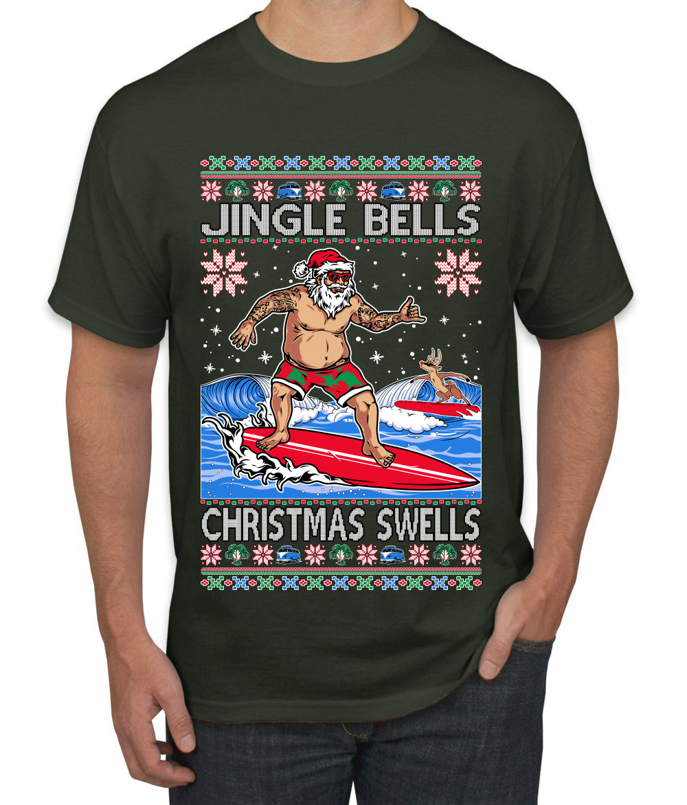 Santa Surfing Jingle Bells Christmas Swells Ugly Christmas Sweater Men's Graphic T-Shirt
