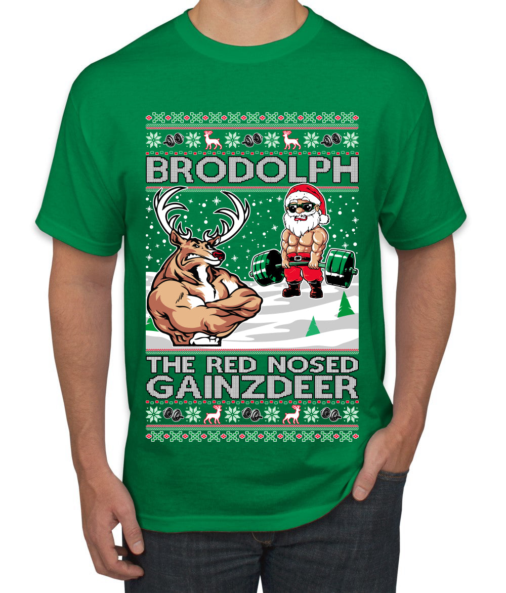 Brodolph Santa Working Out Gym the Red Nosed Gainzdeer Ugly Christmas Sweater Men's Graphic T-Shirt