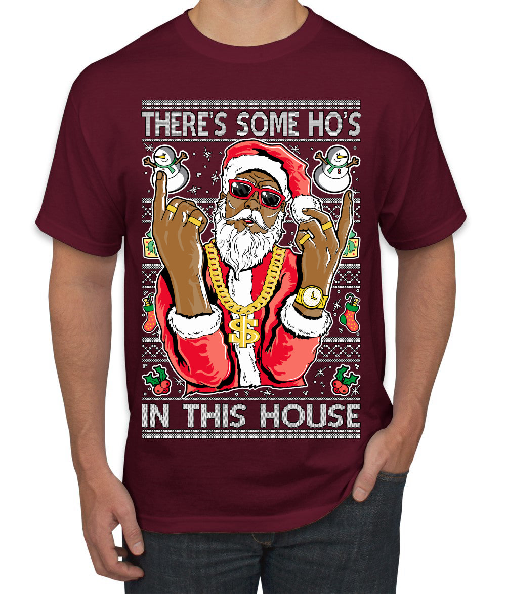 Black Santa Claus Gangster Bling Ho's In This House Ugly Christmas Sweater Men's Graphic T-Shirt