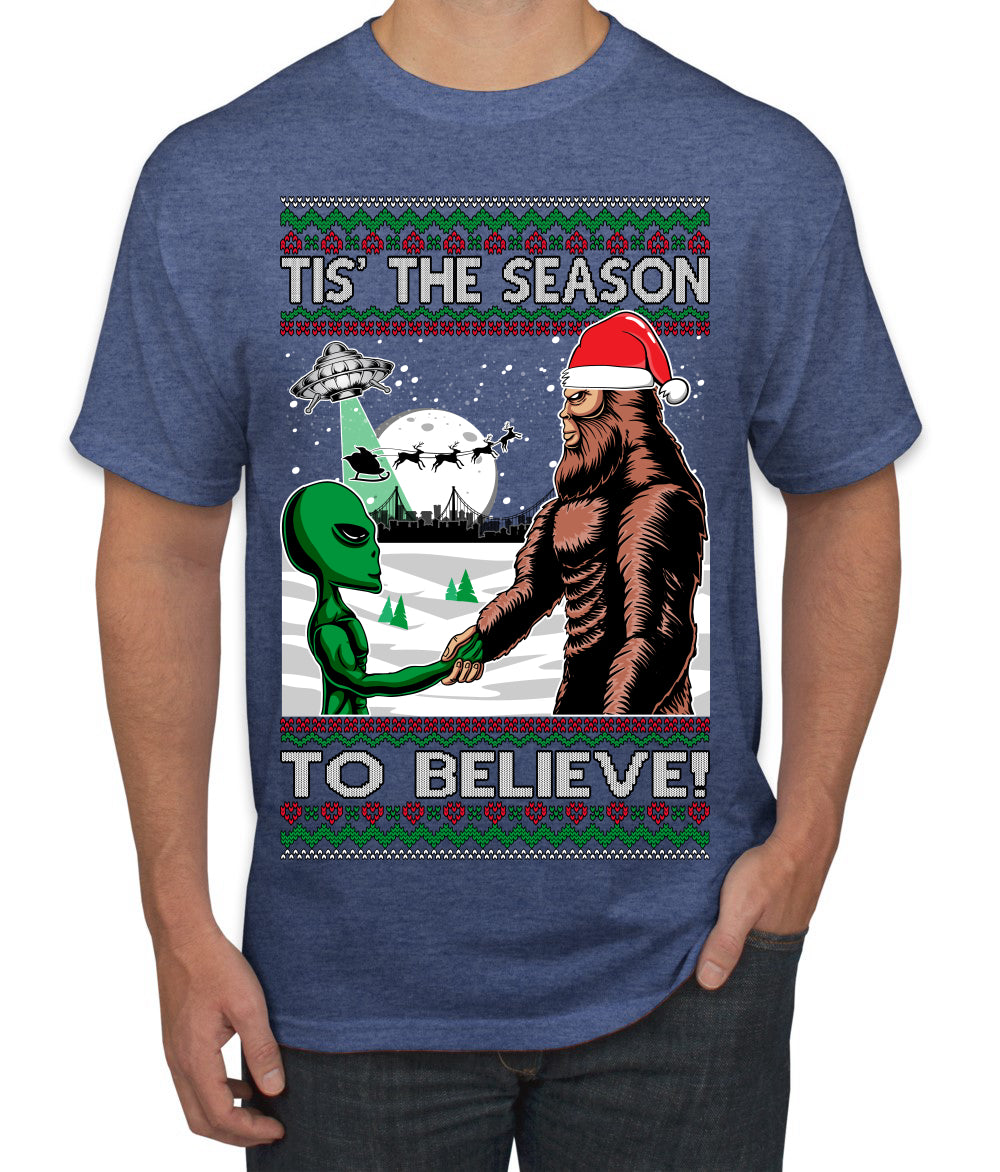 Bigfoot Tis' The Season to Believe in Conspiracies Aliens Ufo Ugly Christmas Sweater Men's Graphic T-Shirt