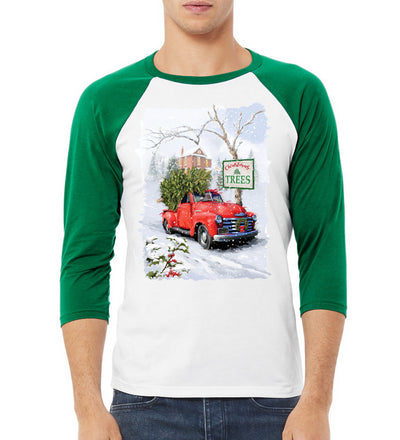 Winter Christmas Trees  Festive Red Truck  Christmas 3/4 Sleeve Raglan Unisex Baseball Tee