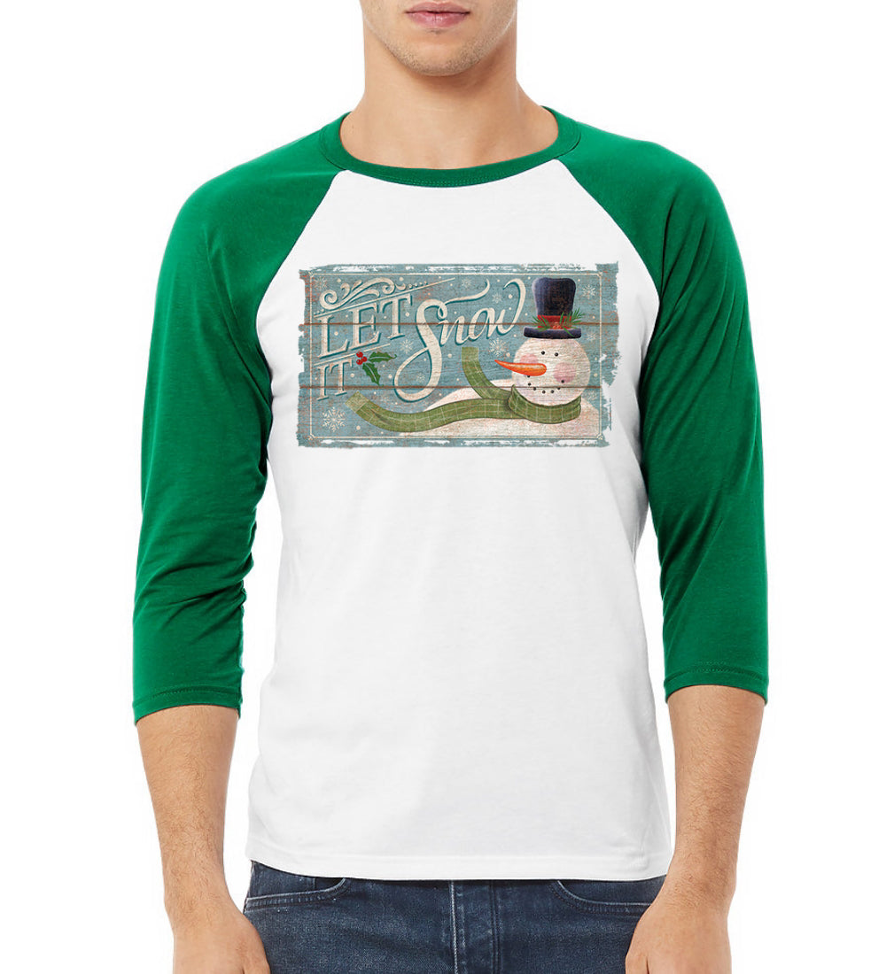 Let it Snow Green Scarf Snowman Christmas 3/4 Sleeve Raglan Unisex Baseball Tee