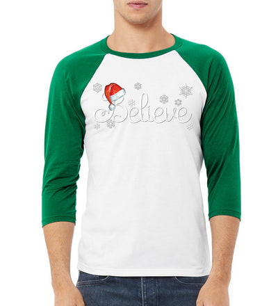 Santa Hat Snowflake Believe Christmas 3/4 Sleeve Raglan Unisex Baseball Tee