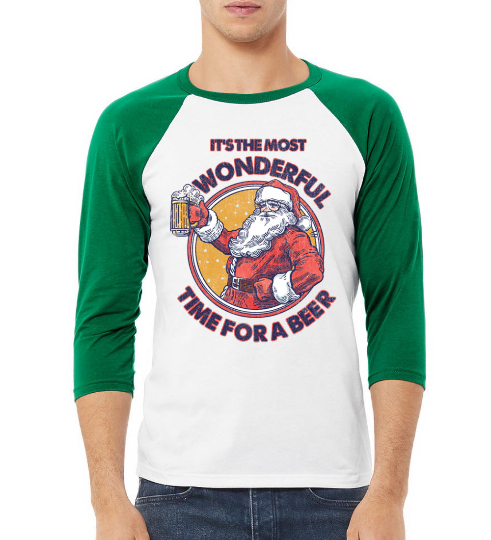 Santa It’s the Most Wonderful Time for a Beer Christmas 3/4 Sleeve Raglan Unisex Baseball Tee