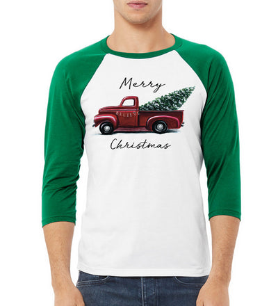 Merry Christmas Red Pick up Truck Christmas 3/4 Sleeve Raglan Unisex Baseball Tee