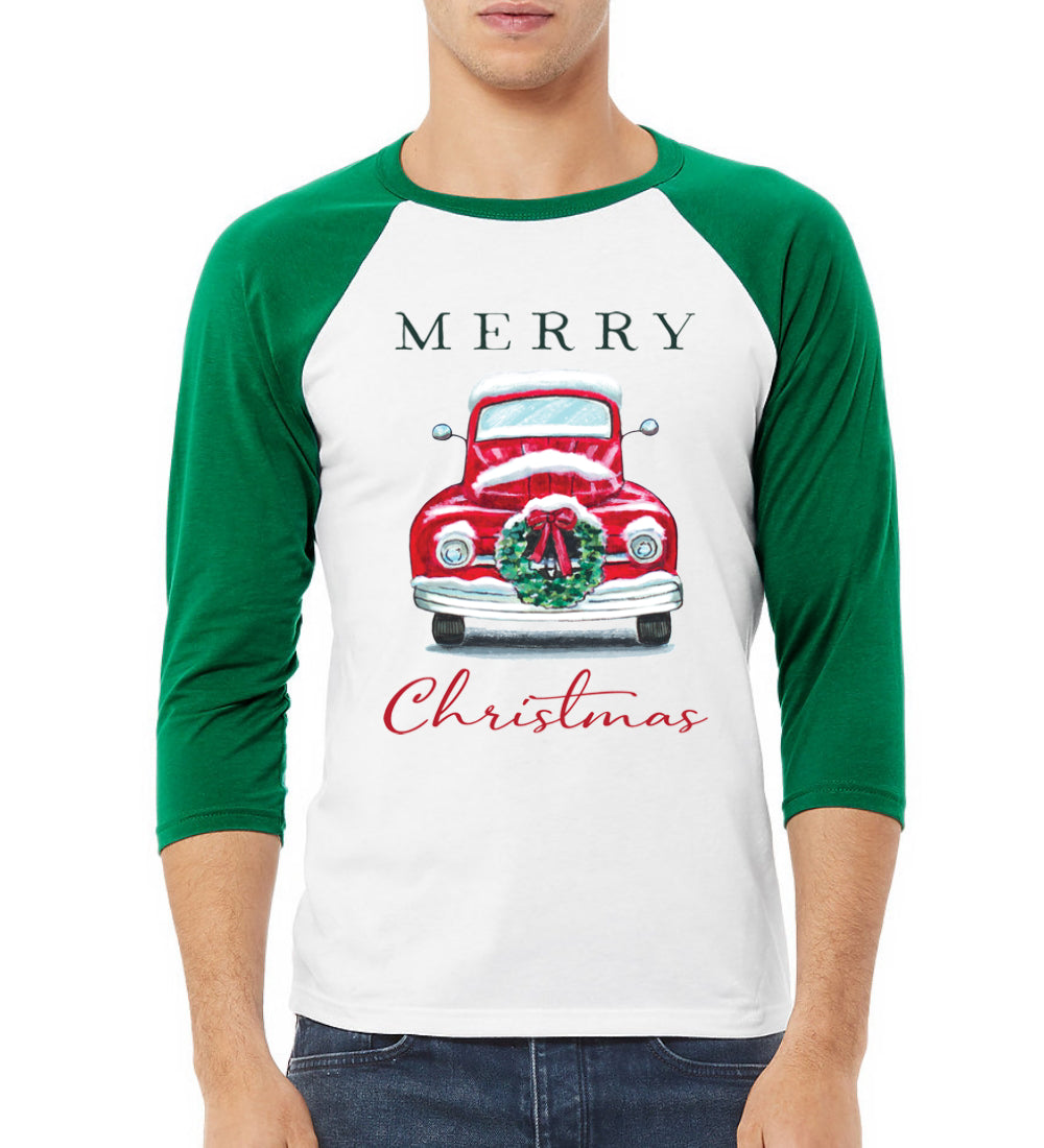 Merry Christmas Red Car with Xmas Garland Christmas 3/4 Sleeve Raglan Unisex Baseball Tee