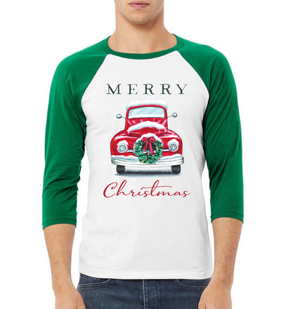 Merry Christmas Red Car with Xmas Garland Christmas 3/4 Sleeve Raglan Unisex Baseball Tee