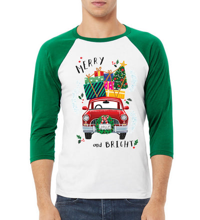 Merry and Bright Red Car Christmas 3/4 Sleeve Raglan Unisex Baseball Tee