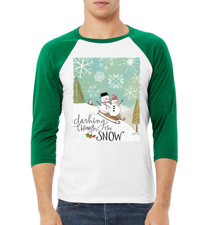 Dashing Through the Snow Snowmen Christmas 3/4 Sleeve Raglan Unisex Baseball Tee