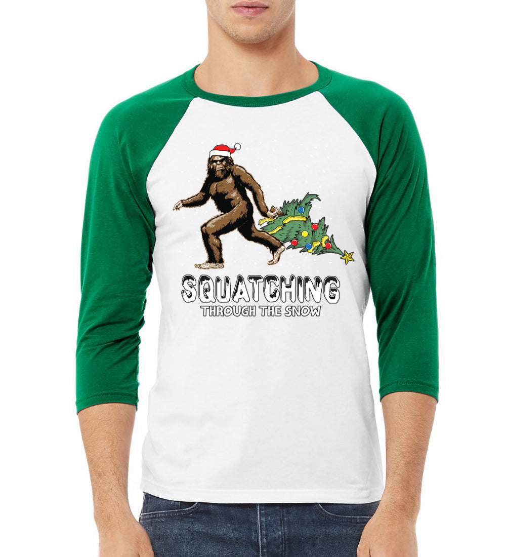 Squatching Through the Snow Bigfoot Christmas 3/4 Sleeve Raglan Unisex Baseball Tee