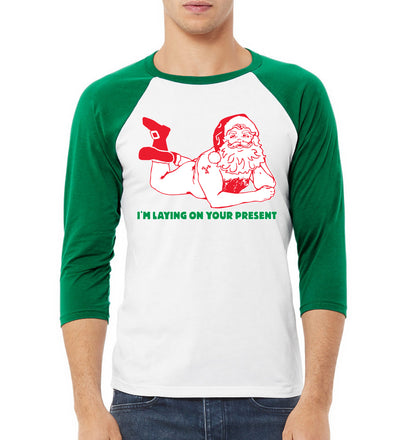 Sexy Santa Im Laying on your Present Ugly Christmas Christmas 3/4 Sleeve Raglan Unisex Baseball Tee