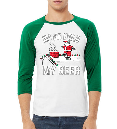 Ho Ho Hold my Beer Skateboarding Santa Ugly Christmas Sweater Christmas 3/4 Sleeve Raglan Unisex Baseball Tee
