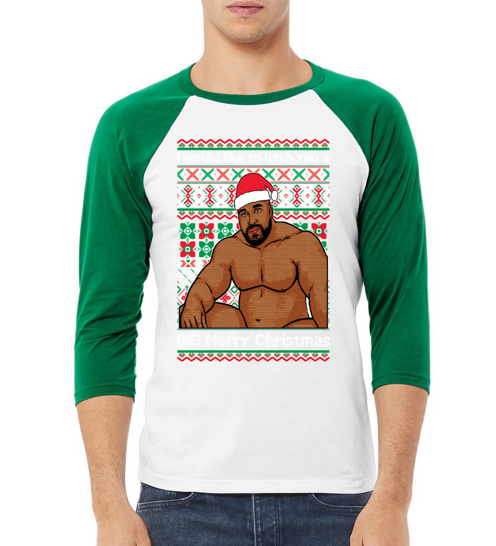 Wood Meme Wish You A Big Merry Christmas Christmas 3/4 Sleeve Raglan Unisex Baseball Tee