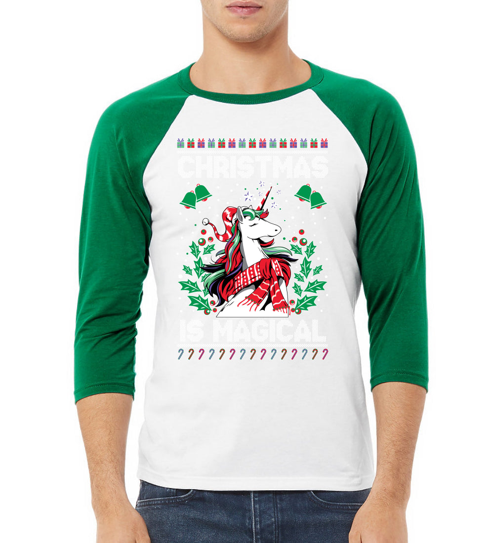 Christmas Is Magical Unicorn Christmas 3/4 Sleeve Raglan Unisex Baseball Tee