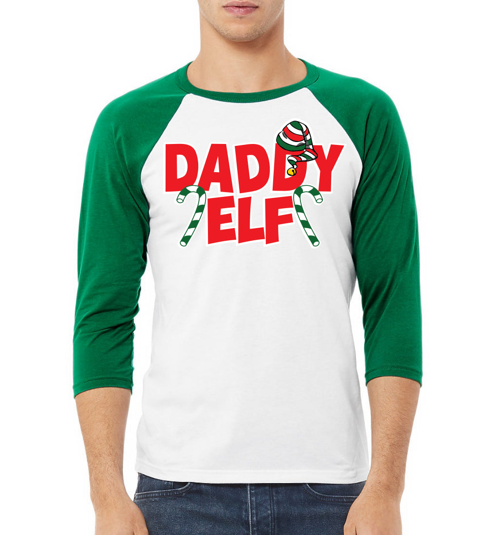 Daddy Elf Red Candy Cane Logo Christmas 3/4 Sleeve Raglan Unisex Baseball Tee