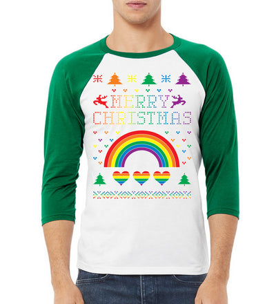 LGBT Rainbow Pride Hearts Reindeer Xmas Christmas 3/4 Sleeve Raglan Unisex Baseball Tee