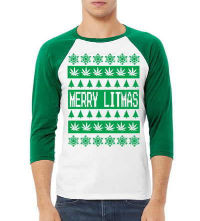 Merry Litmas Funny Weed Pot Leaf Marijuana Xmas Christmas 3/4 Sleeve Raglan Unisex Baseball Tee