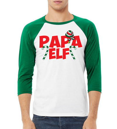 Papa Elf Candy Cane Logo Christmas 3/4 Sleeve Raglan Unisex Baseball Tee