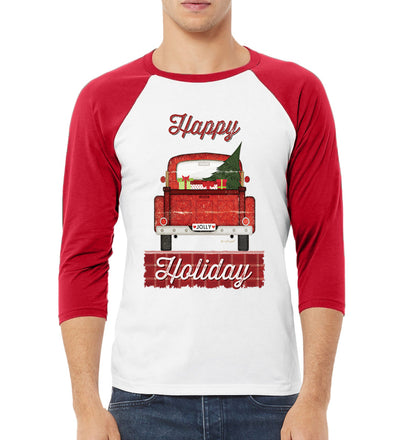Happy Holiday Jolly Red Pick Up Christmas 3/4 Sleeve Raglan Unisex Baseball Tee
