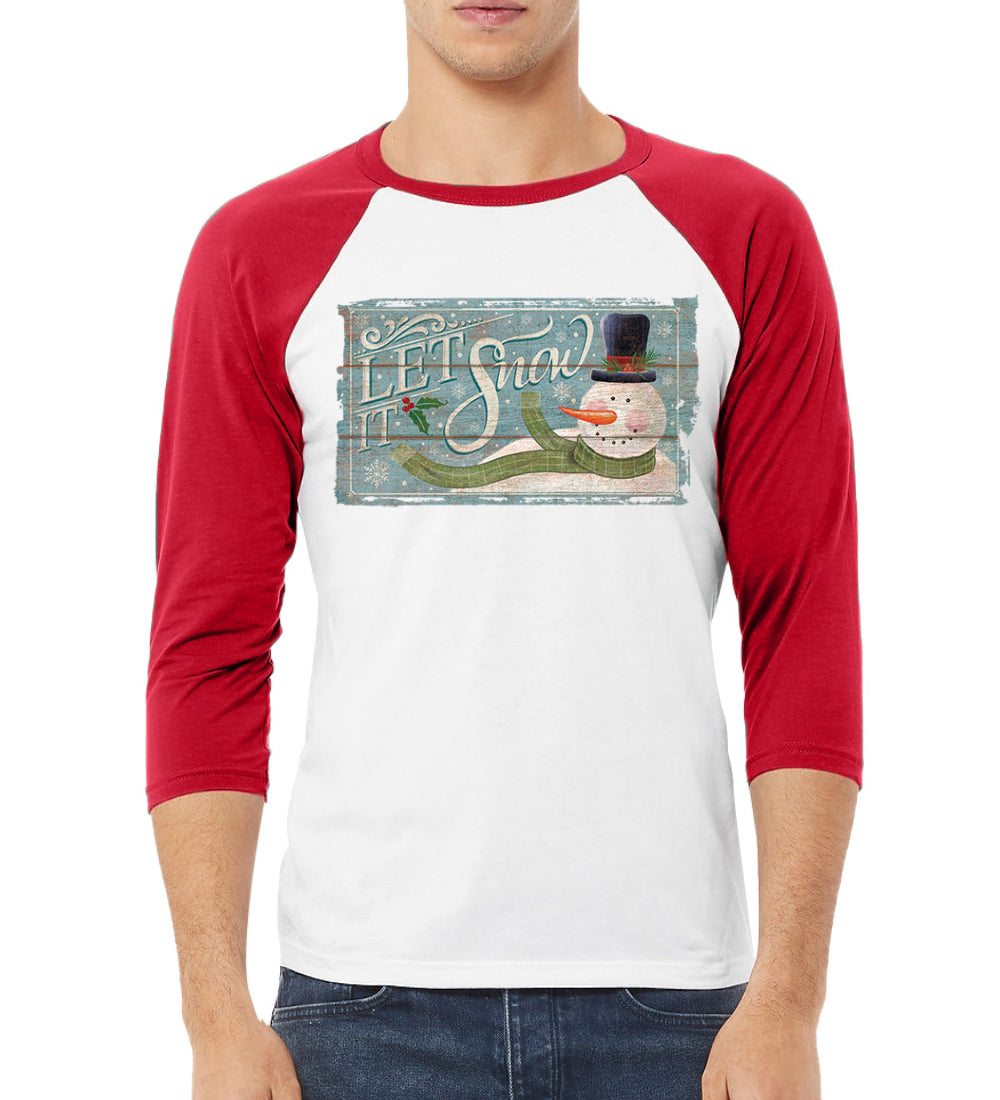 Let it Snow Green Scarf Snowman Christmas 3/4 Sleeve Raglan Unisex Baseball Tee