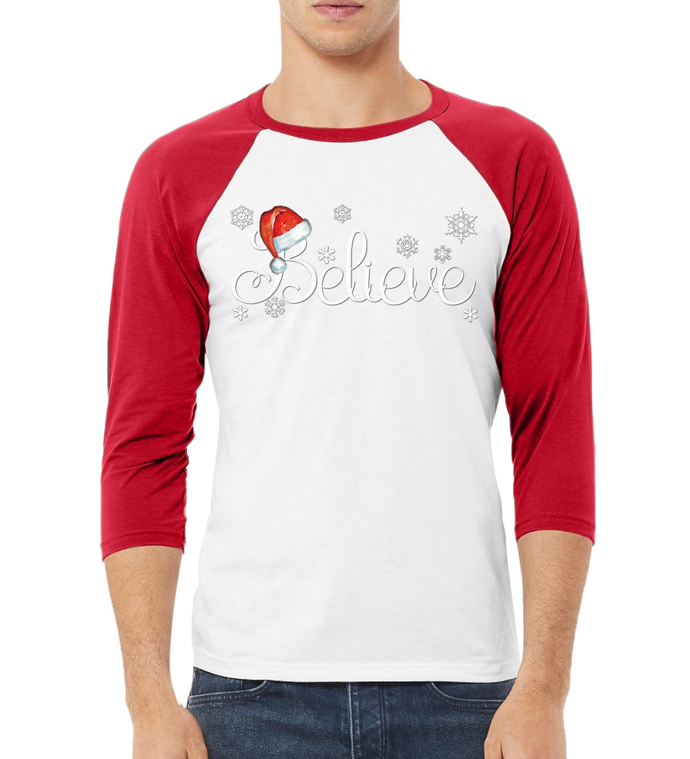 Santa Hat Snowflake Believe Christmas 3/4 Sleeve Raglan Unisex Baseball Tee