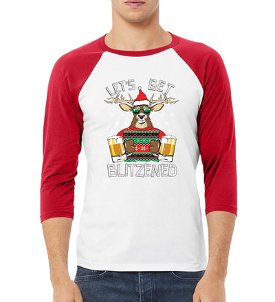 Lets Get Blitzened Deer With Beer  Christmas 3/4 Sleeve Raglan Unisex Baseball Tee