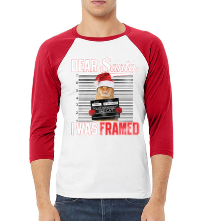 Dear Santa I was Framed Bad Cat Christmas 3/4 Sleeve Raglan Unisex Baseball Tee