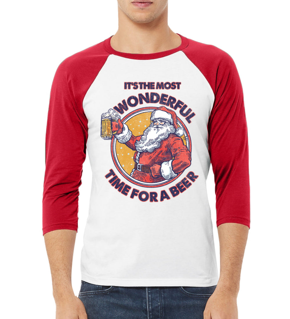 Santa It’s the Most Wonderful Time for a Beer Christmas 3/4 Sleeve Raglan Unisex Baseball Tee